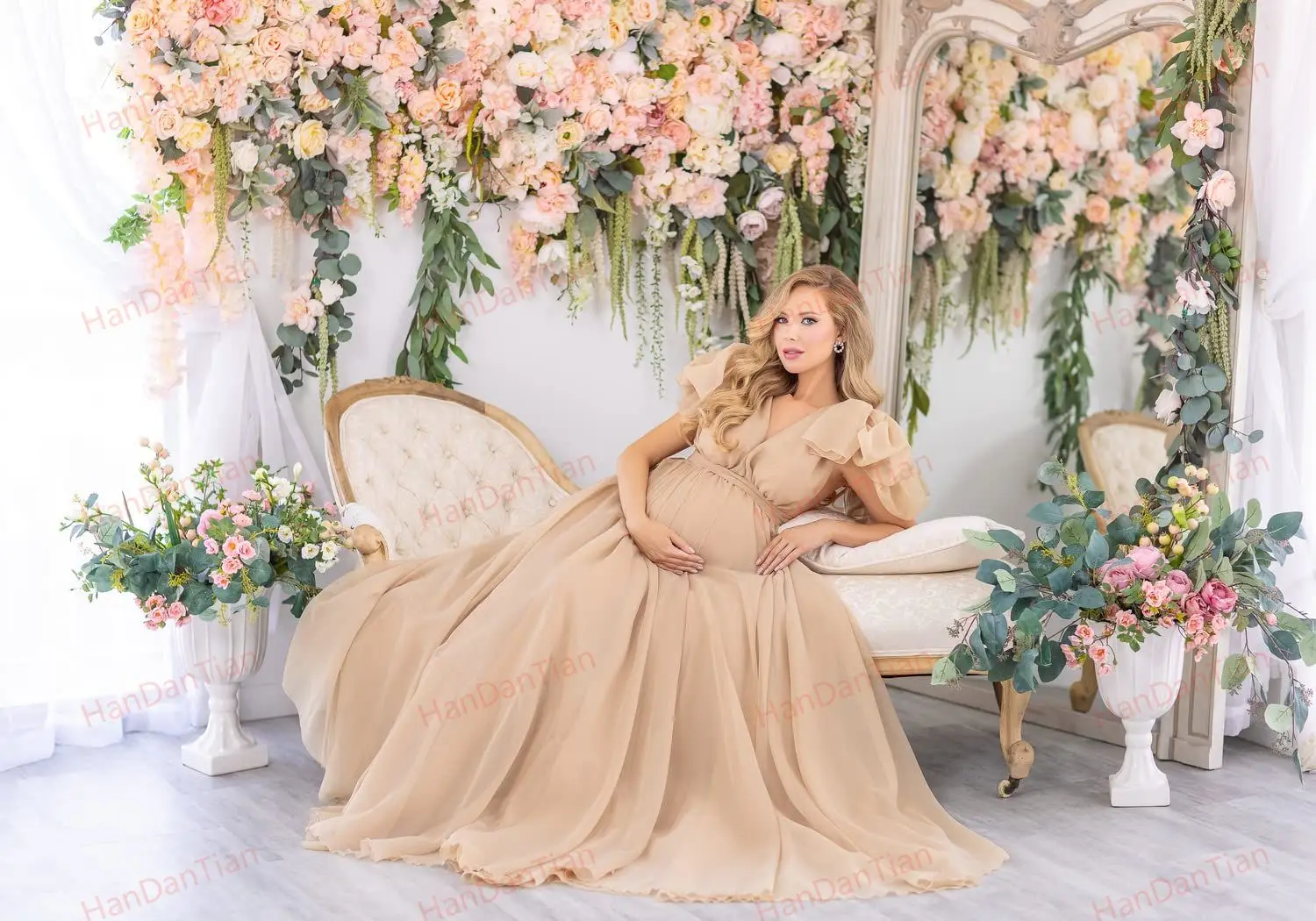 Chiffon V Neck Maternity Dress Robe for Photoshoot Maternity Pregnancy Baby Shower Sheer Puffy Gown