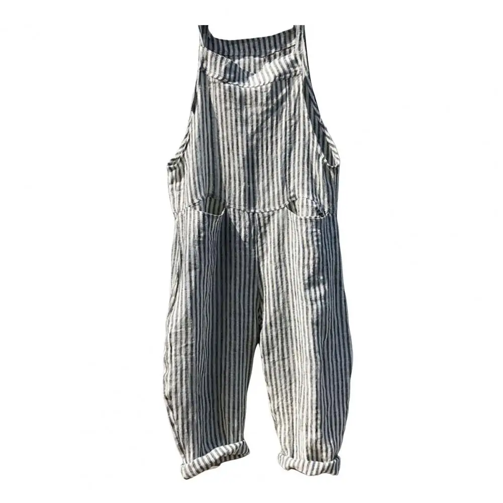 Striped Print Overalls Women Summer Jumpsuit Stylish Women's Striped Jumpsuit with Big Patch Pockets Plus Size Loose for Summer 2