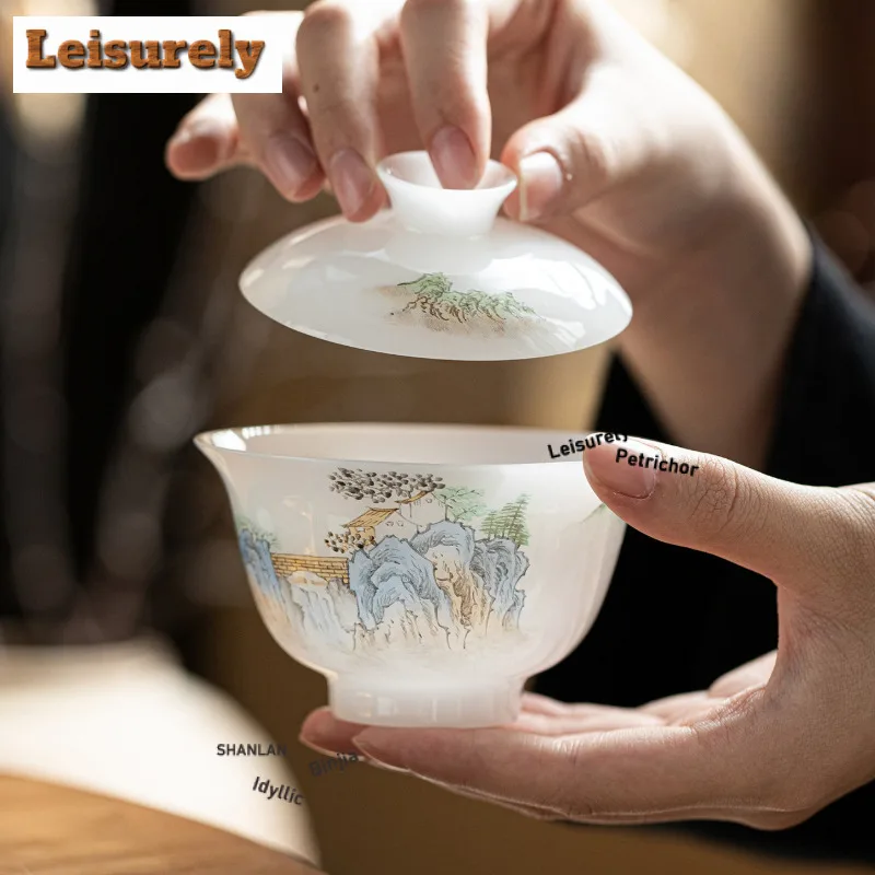 140ml White Jade Clay Hand-painted Gaiwan Ancient Tea Tureen Tea Bowl With Lid Kit Tea Maker Cover Bowl Cafes Accessories Craft