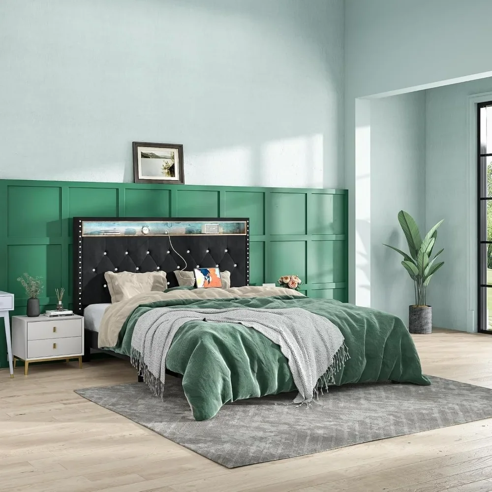 Queen Bed Frame with Led Lights, Charging Station & Storage Shelf Headboard, Diamond Tufted, Black Velvet Upholstered Bed Frame 3