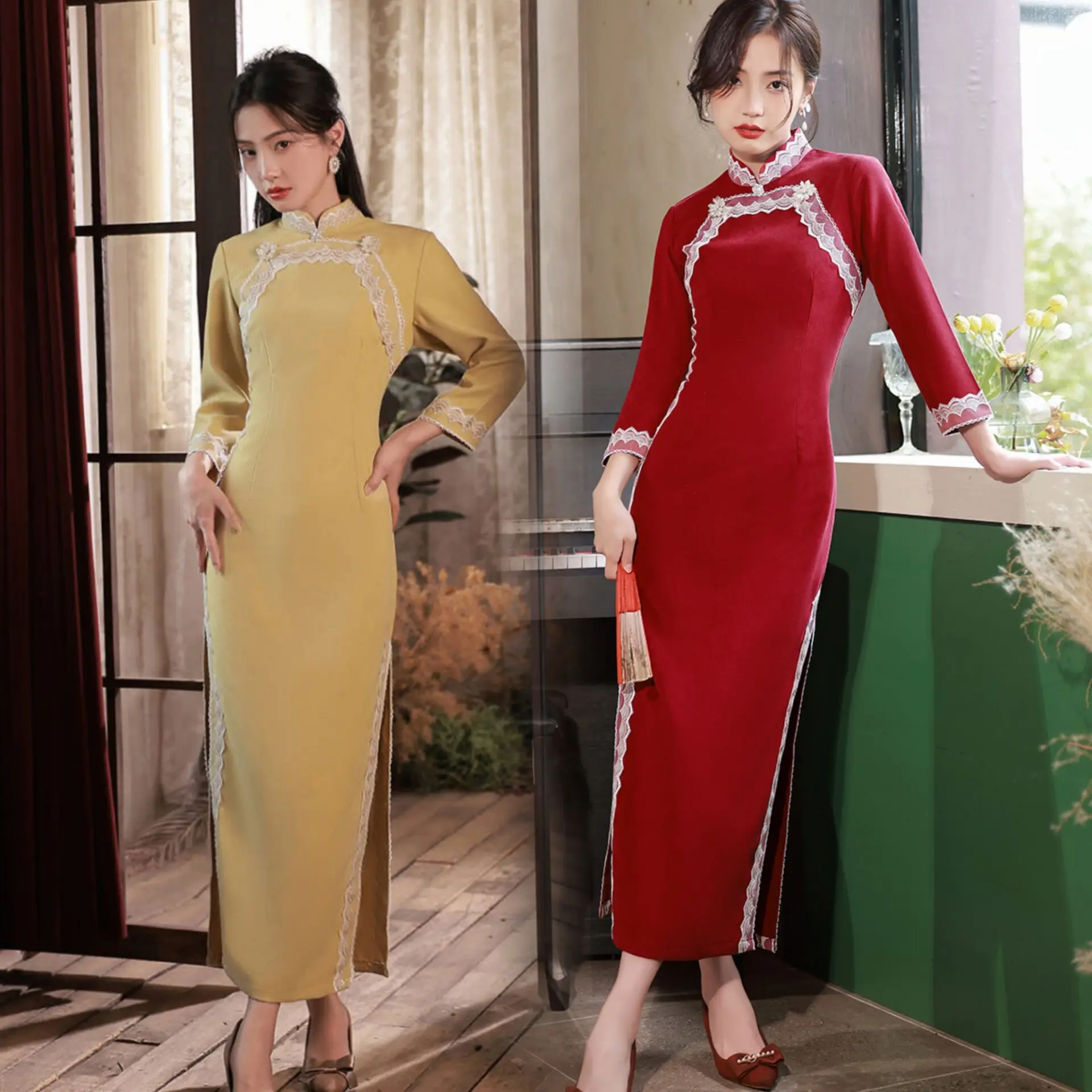 

Chinese Retro Lace Trim Mandarin Collar Woolen Long Style Cheongsam Autumn Winter Seven Points Sleeve Qipao Women Dress
