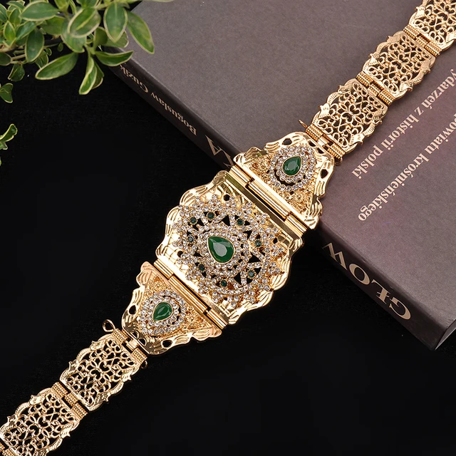 Arab Wedding Ornaments Set Fashionable Green Rhinestone Jewelry Moroccan Women Pearl Earrings Pearl Necklace Waist Chain, Waist chain 1