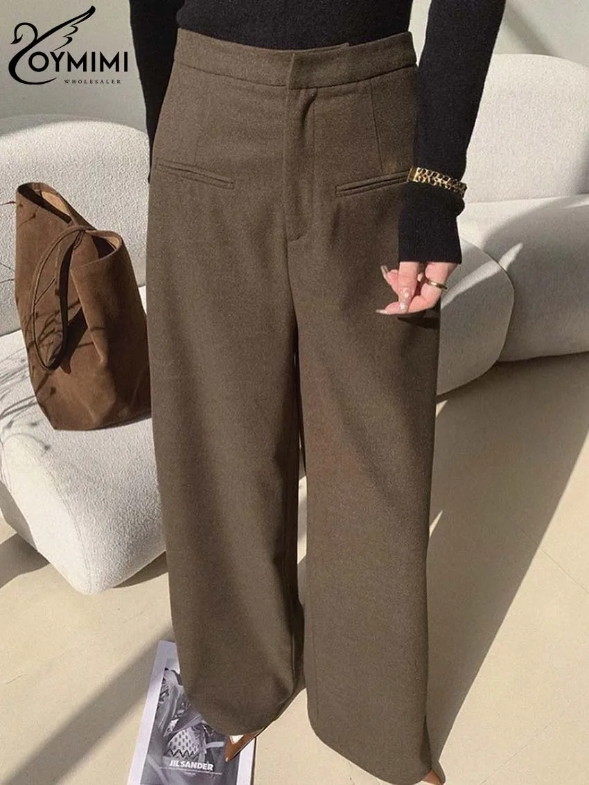Oymimi Elegant Brown Pockets Women's Pants Fashion High Wiast Button Trousers Office Lady Spring New Solid Straight Pants Female