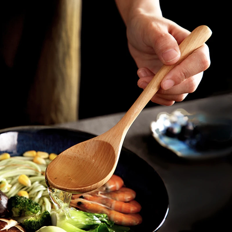 4Pcs Wooden Spoon Beech Wood Soup Spoon Japanese Kitchen Serving Spoons Big Noodle Ramen Rice Soup Ladle Wooden Tableware