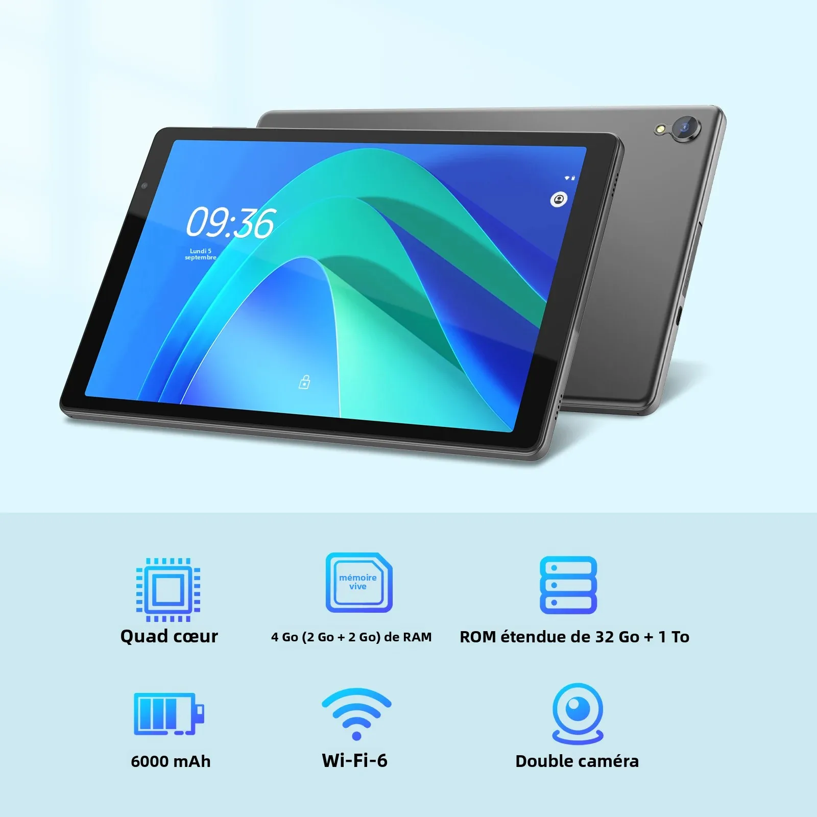 Tablette 10 pouces, Android 14, processeur quadricœur, 4 Go de RAM (2 Go + 2 Go extensibles), 32 Go de stockage, Wi-Fi, double caméra._voghion.com
