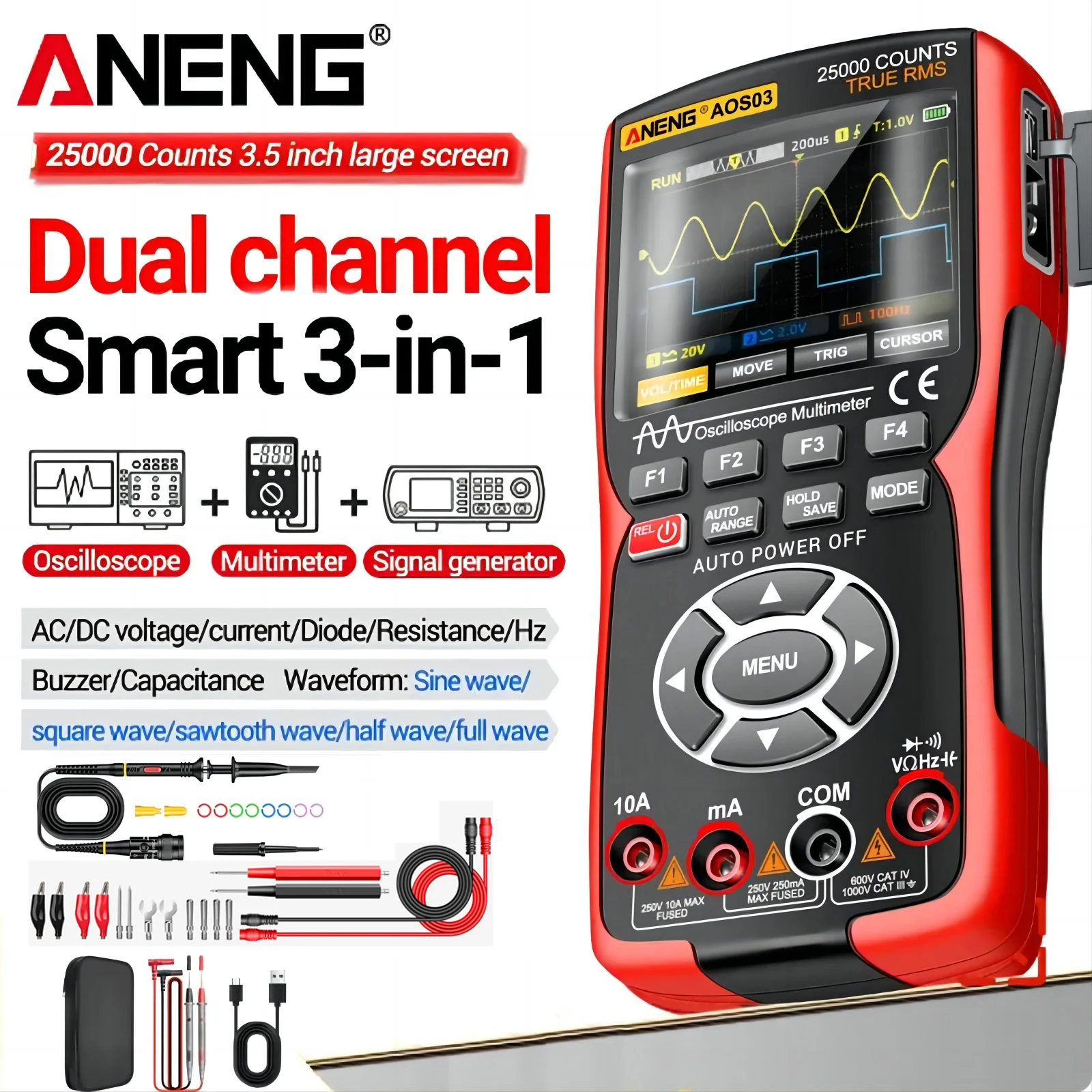 Oscilloscopio Multimetro Digitale 3 In 1 - Portatile, 10MHz, 50MSa/s, Con Sonda E Generatore Di Segnali - Foto 4