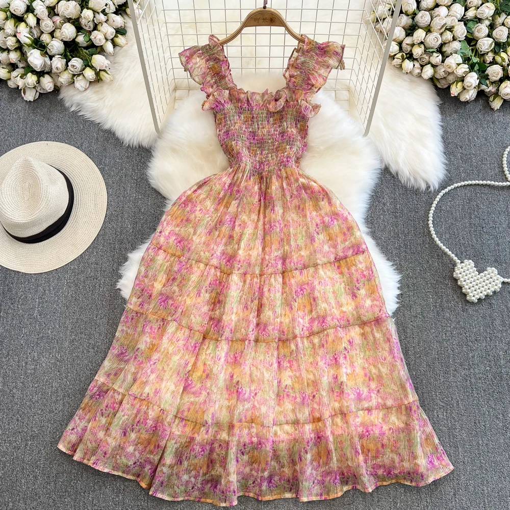 

Beach Style Skirts Print ChiffonRuffles Sleeve Mid Length A-line Strap Dress 2023 New Gentle Sweet Fairy Dresses