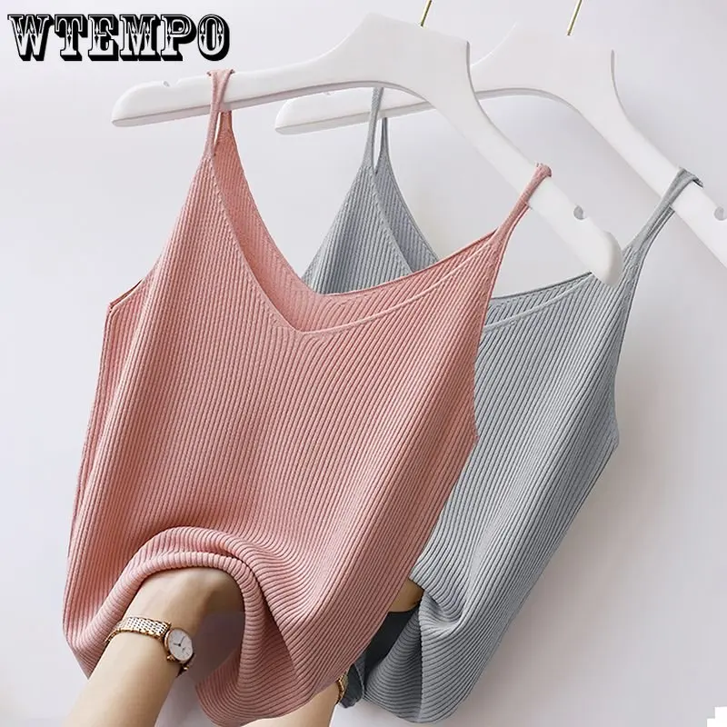 

Large Size Suspender Vest Women's Inner Strap Bottoming V-neck Ice Feeling Short Thread Knitted Top Drop Shipping