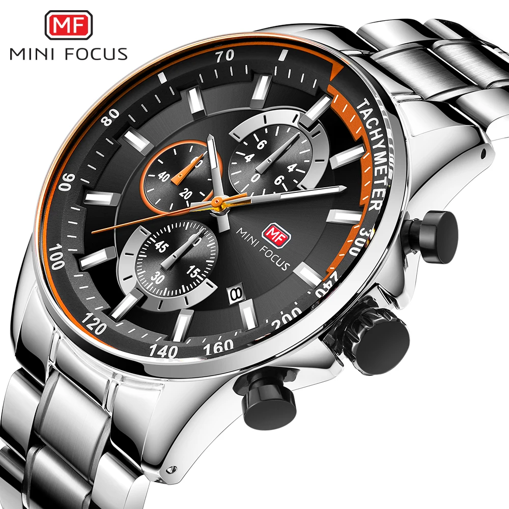 

MINI FOCUS Sports Mens Watches Top Brand Luxury Chronograph Waterproof Quartz Watch Silver Stainless Steel Strap Luminous Hands