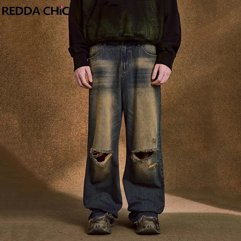 

ReddaChic Vintage Y2k Brushed Green Wash Baggy Jeans Men Casual Destroyed Wide Leg Denim Pants Ripped Trousers Korean Streetwear