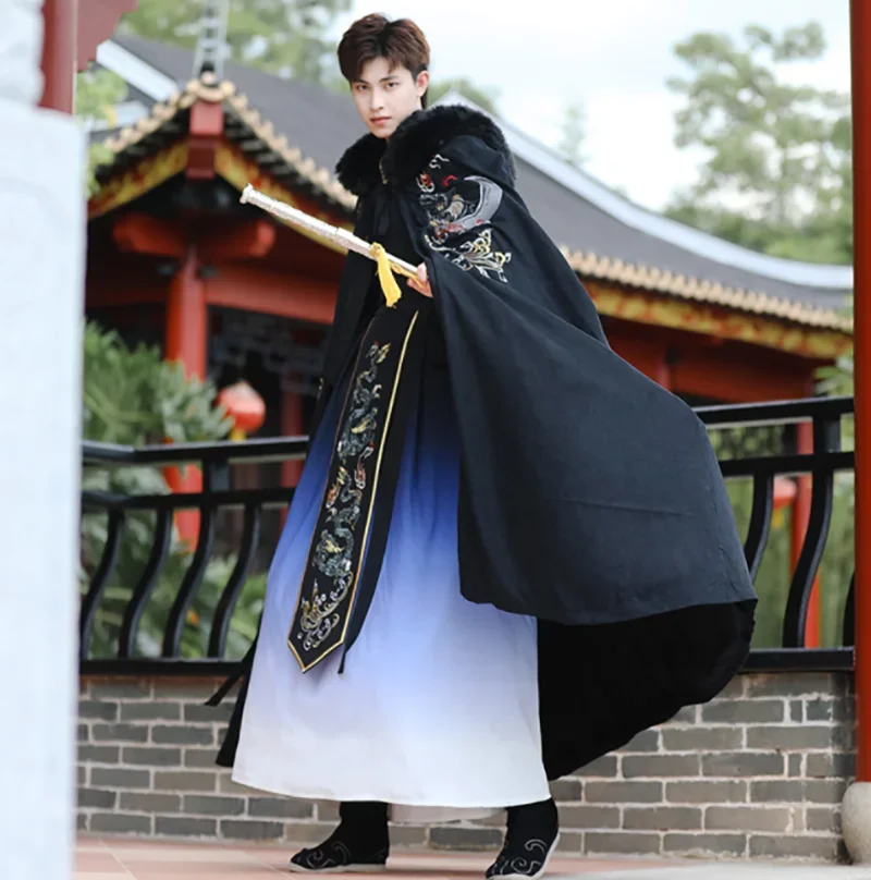 

Winter Warm Men`s Hanfu Cloak Chinese Traditional Embroidery Black Cape Male Christmas Cos Costume Thick Hanfu Clack For Men