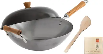 14-Inch Uncoated Carbon Steel Wok Set with Lid and Wood Handles, 4-Piece for High-Temp Cooking 1