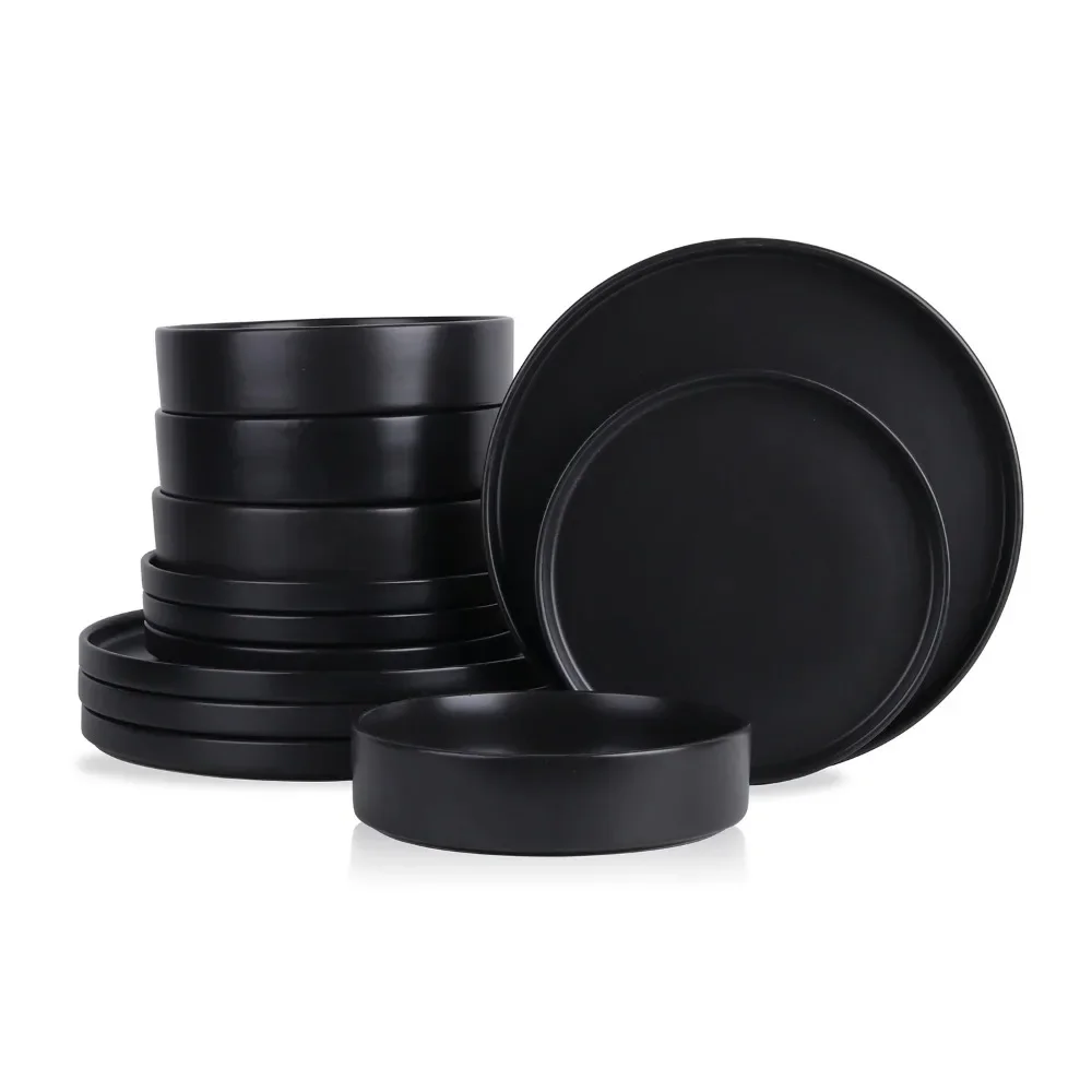 

Stone Lain Cecile Stoneware 12-Piece Round Dinnerware Set, Black Dinner Set Plates and Dishes