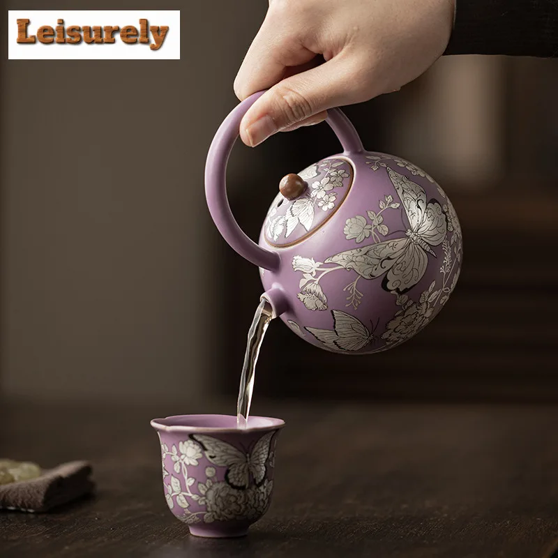 210ml Gilt Silver Butterfly Flower Lifting Handle Teapot Luxury Tea Infuser Pot Tea Brewing Kettle With Ball Hole Teaset Supplie