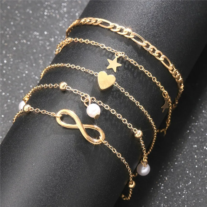 Ankle Chains Bohemia Gold Color Pearl Ankle Bracelet Set For Women Butterfly Heart Star Charm Anklet Chain On Leg Boho Jewelry