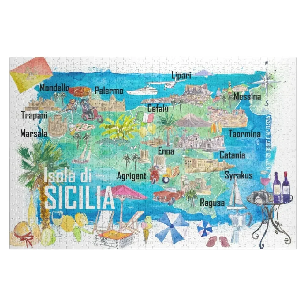 Sicily Italy Illustrated Travel Map with Roads and Tourist Highlights Jigsaw Puzzle Custom Gift Wooden Name Puzzle