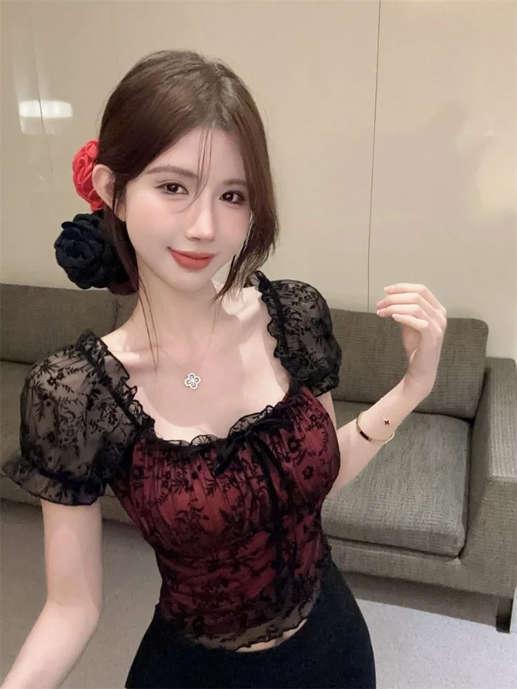 

QWEEK Y2k Sexy Coquette Lace Puff Sleeve Short T-shirt Women 2024 Spring Summer Fashion Gothic Off Shoulder Cropped Tops