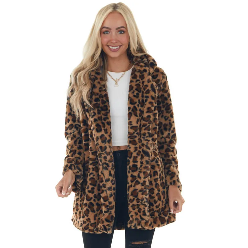 Winter Leopard Mid Length Jacket Women Fashion Temperament Imitation Parka Coat Loose Plush Outerwear Autumn Fur Coats jackets