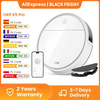OKP K5P Robot aspirateur, 5000Pa, 180 minutes, WiFi/application, conception mince, auto-chargement, parfait pour les sols durs, les poils d'animaux, les tapis 1