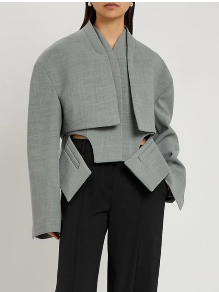 Veste Blazer Chic gris irrégulière pour femmes, mode épaulette, manches longues, Patchwork, manteau court ample, manteaux de rue, 2026