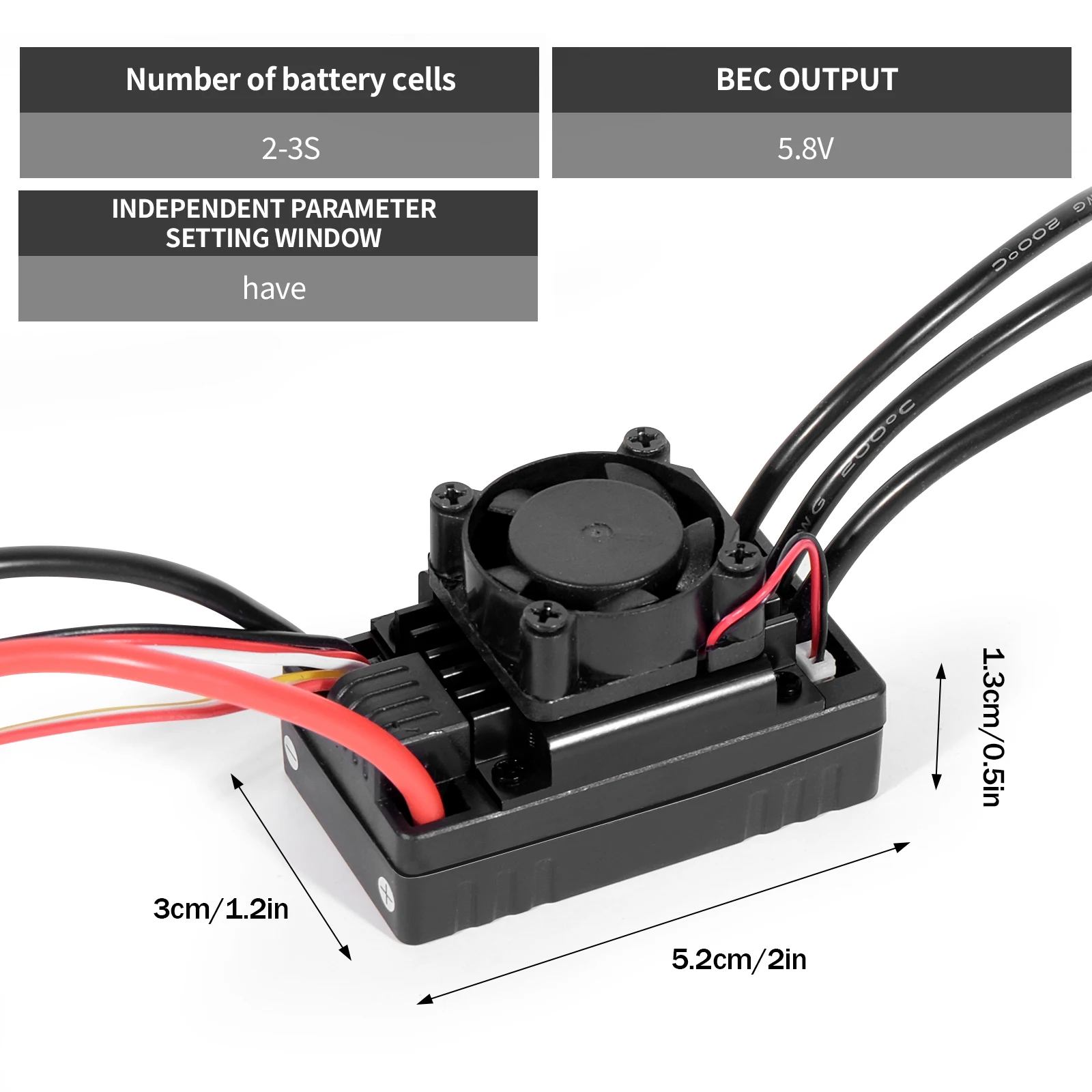 ESC Brushless 60A 2-3S avec BEC intégré pour voiture RC 1/10, installé dans un buggy, connexions et ventilateur apparents.