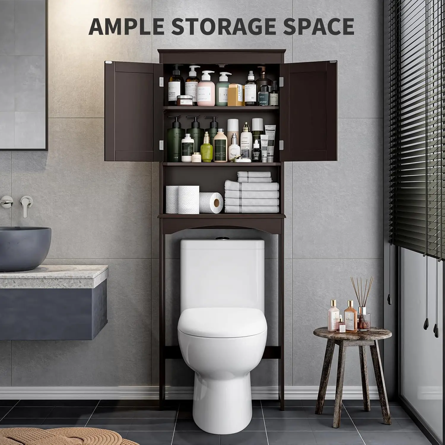 Over The Toilet Storage Cabinet with Open Shelf, Over Toilet Bathroom Organizer with Adjustable Shelf and Double Doors 4