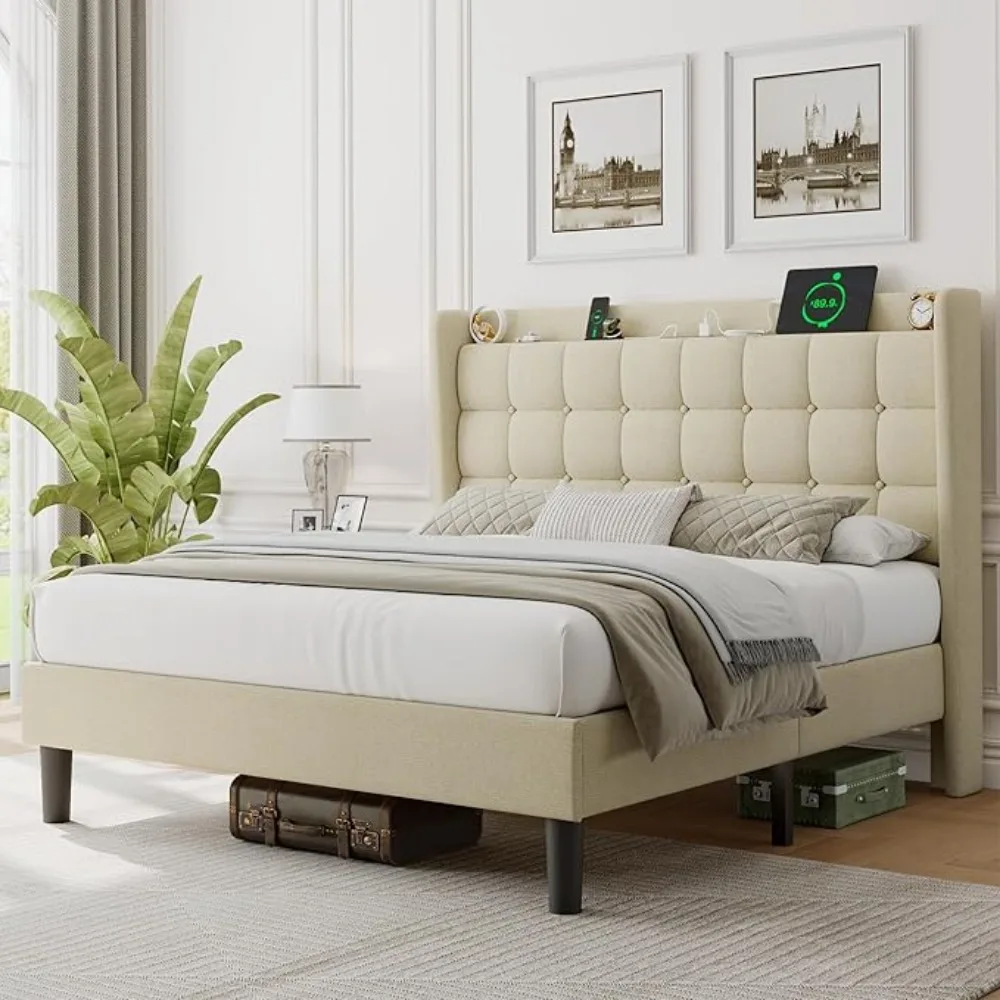 Description Picture 4 of itemQueen Bed Frame with Charging & Storage, Upholstered Platform Bed with Button Tufted Wingback Headboard, Heavy-Duty Foundation