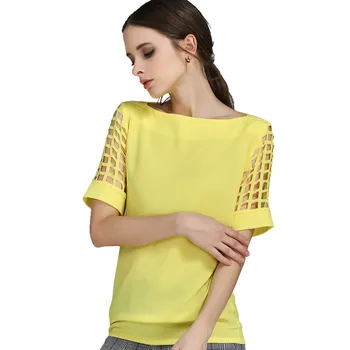 Summer Fashion Women Blouses & Shirts Hollow Out Sleeve Slash Neck Chiffon Blouse Plus Size 1