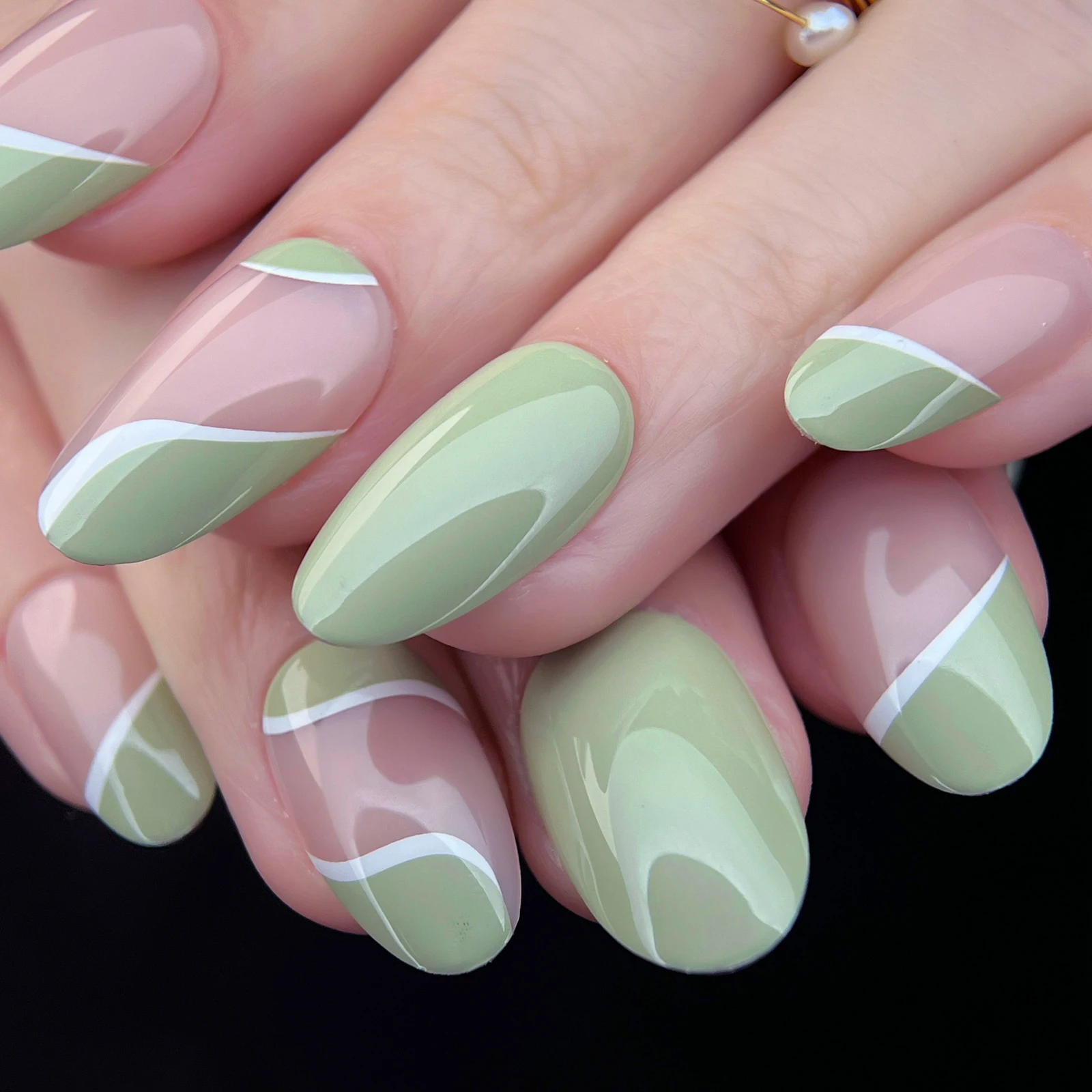 Unghie Francesi Verdi Rotonde Matcha Lucido Vortex Press On Nails Ovale Vortex Nude Unghie Finte Swirl Almond Unghie Finte Per Ragazza