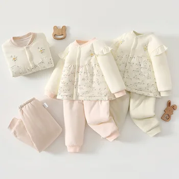 Girls Outfit Sets Baby Floral Ruffles Quilted Warm Autumn Winter Baby Christmas Outfit Boutique Infant Clothing New Arrival 1