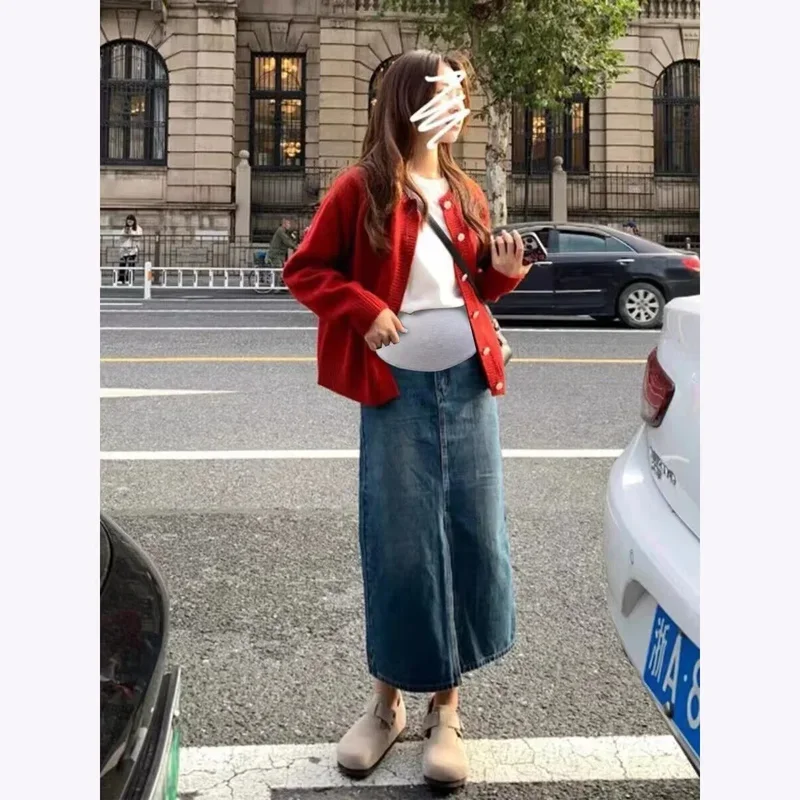 Front Splits Stretch Denim Skirt Maternity Summer High Waist Belly Pencil Bottoms for Pregnant Women 24SS Y2k Youth Pregnancy