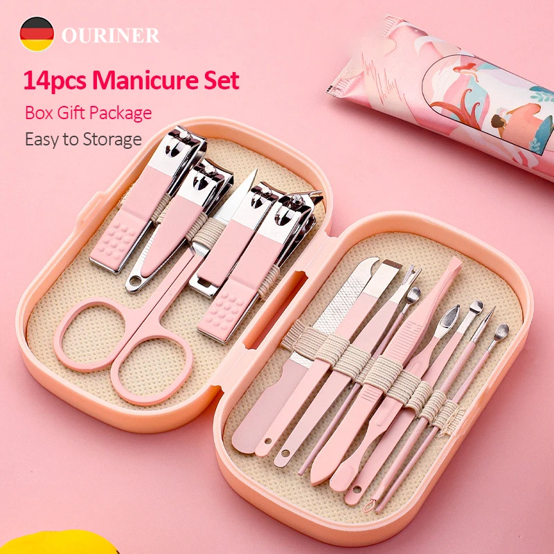 14 Piece Deluxe Manicure & Pedicure Set Pink And Blue Stainless Steel Nail Scissors, Clippers, Ear Digging Spoon for Men & Women 2