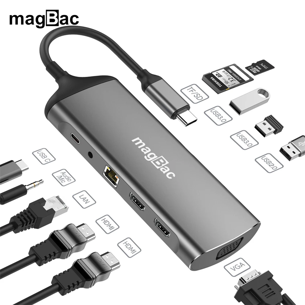 Docking Station Usb C Magbac Per Macbook Lenovo Dell Asus Laptop Triplo Display Type C Dock 2X Hdmi Vga Ethernet Sd Tf Pd 100W