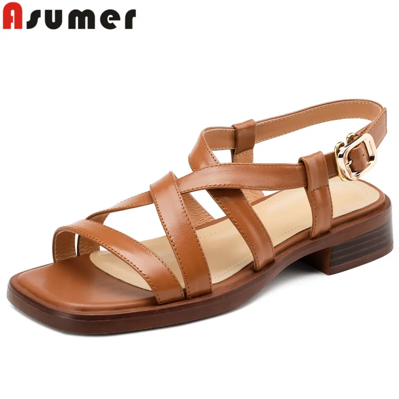 

ASUMER 2024 New Size 34-40 Genuine Leather Buckle Sandals Woman Classics Ladies Summer Shoes Square Med Heels Dress Sandals