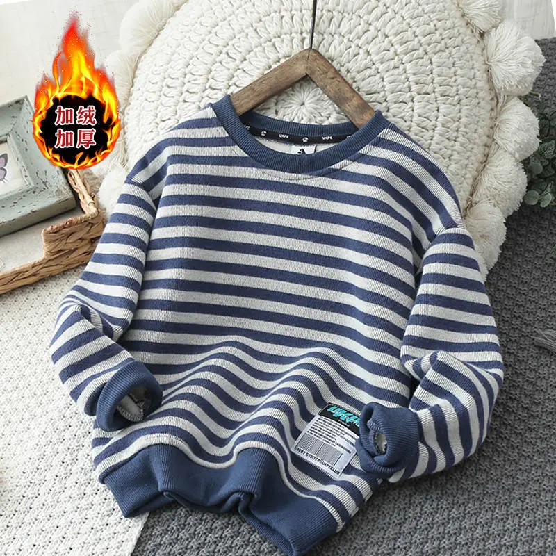 Kids Sweater Boys Fleece-lined sweater Stripe Thickening warm Bottoming shirt Long-sleeved top