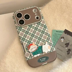 Creative Green Grid Pattern Cat Design Phone Case with Holder - Artificial Leather Finish - iPhone 15 Plus (With Holder)