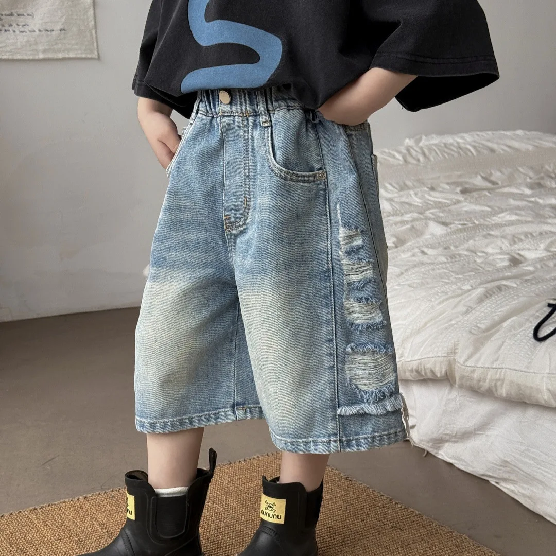Children Clothes Boys American Vintage Style Ripped Denim Shorts Boys Summer Thin Loose Fashion Simple Casual Kids Pants