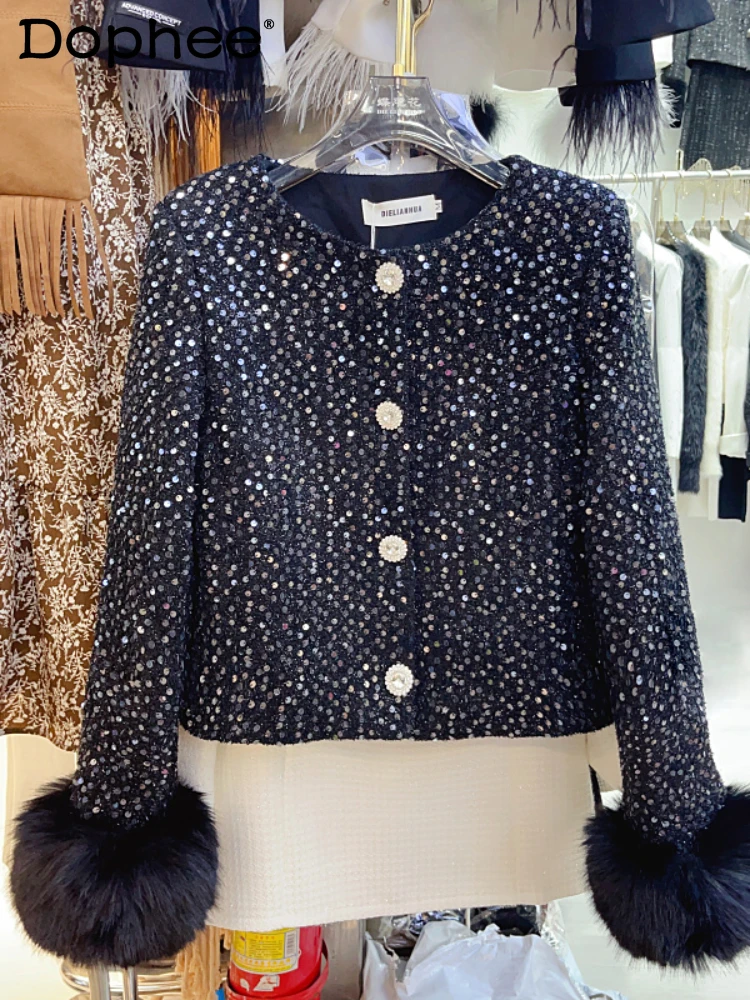 Retro Office Lady Single-Breasted Short Coat Autumn Winter Elegant Sequins Fur Stitching Long Sleeve Round Neck Jacket Women
