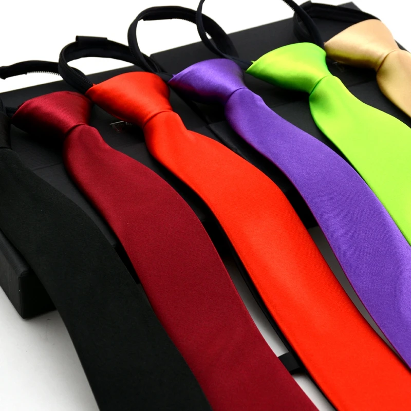 Pre-tied Neck Tie for Girls Boys Kid Skinny Zipper Lazy Red Solid Color Slim Narrow Bridegroom Party