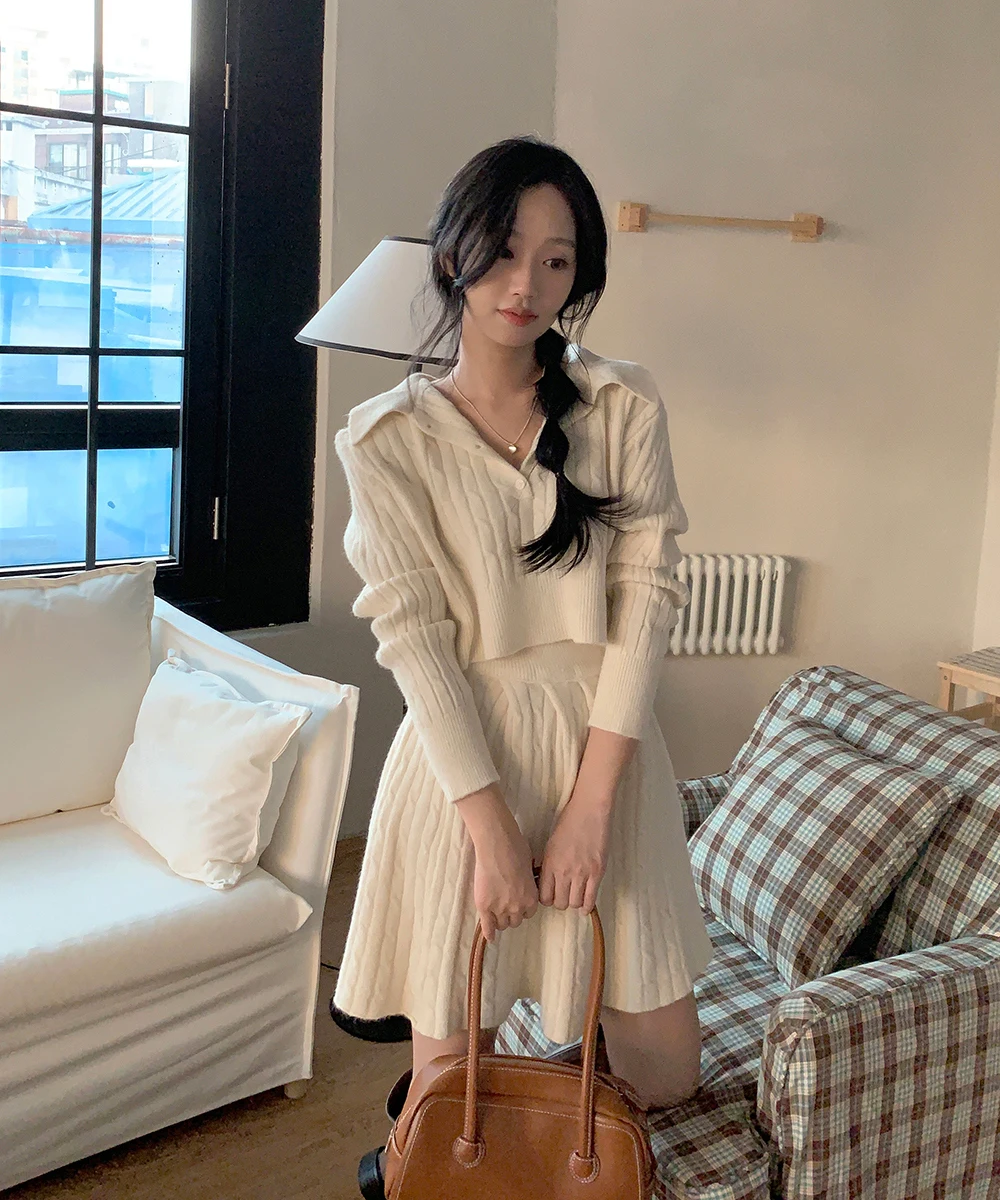 Korean Fashion Two-piece Set Women Pullover Turn-down Collar Crop Top Mini Skirt Solid Casual Suit Autumn New Knitwear Outfits