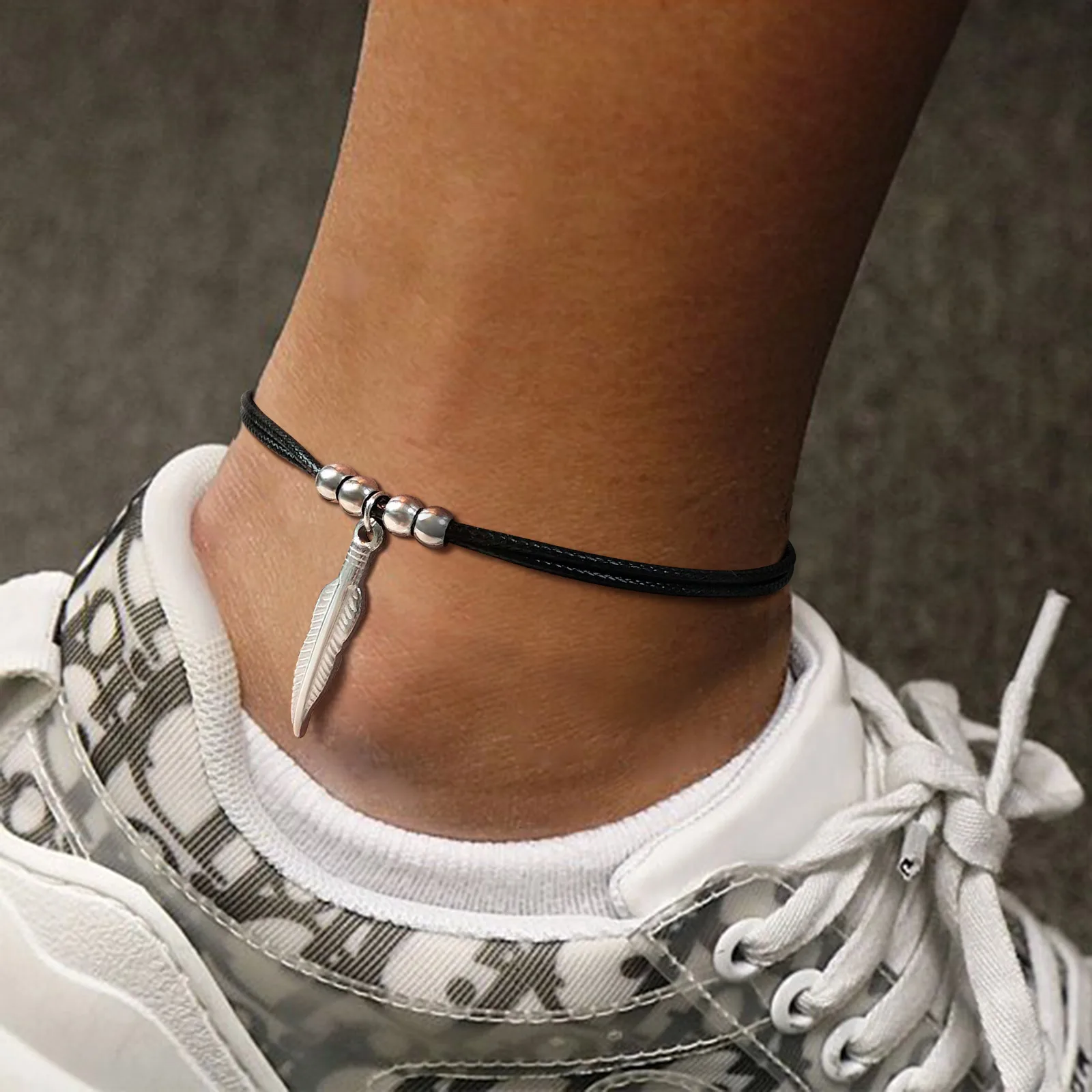 Casual Handmade Braided String Rope Chain Anklets for Men Stylish Feather Beads Charm Ankle Bracelet Beach