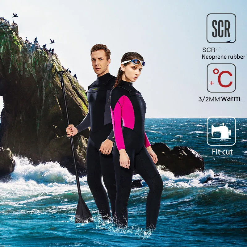 3/2mm Full Body Neoprene Swimsuit Horizontal Zip Long Sleeve Wetsuit Scuba Diving Surfing Snorkeling Suit for Men and Women