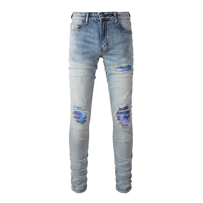 

High Street Light Blue Colorful Gradient Patch Slim Fit Ripped Jeans Elastic Streetwear Holes Skinny Pants
