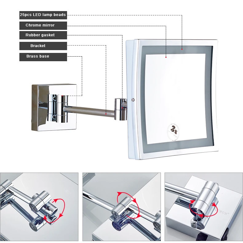 Modern Black Bathroom Mirrors Quality Brass Dual Arm Extend Folding Bathroom Makeup Mirror Magnifying LED Light Bathroom Mirrors 4