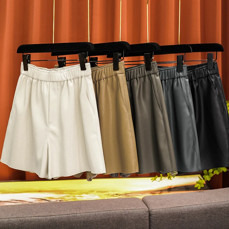 

Elastic High Waist Pu Soft Leather Fashionable Wide-legged Shorts Female Hundred 2023 Fall New Commuter Leisure Women Clothing