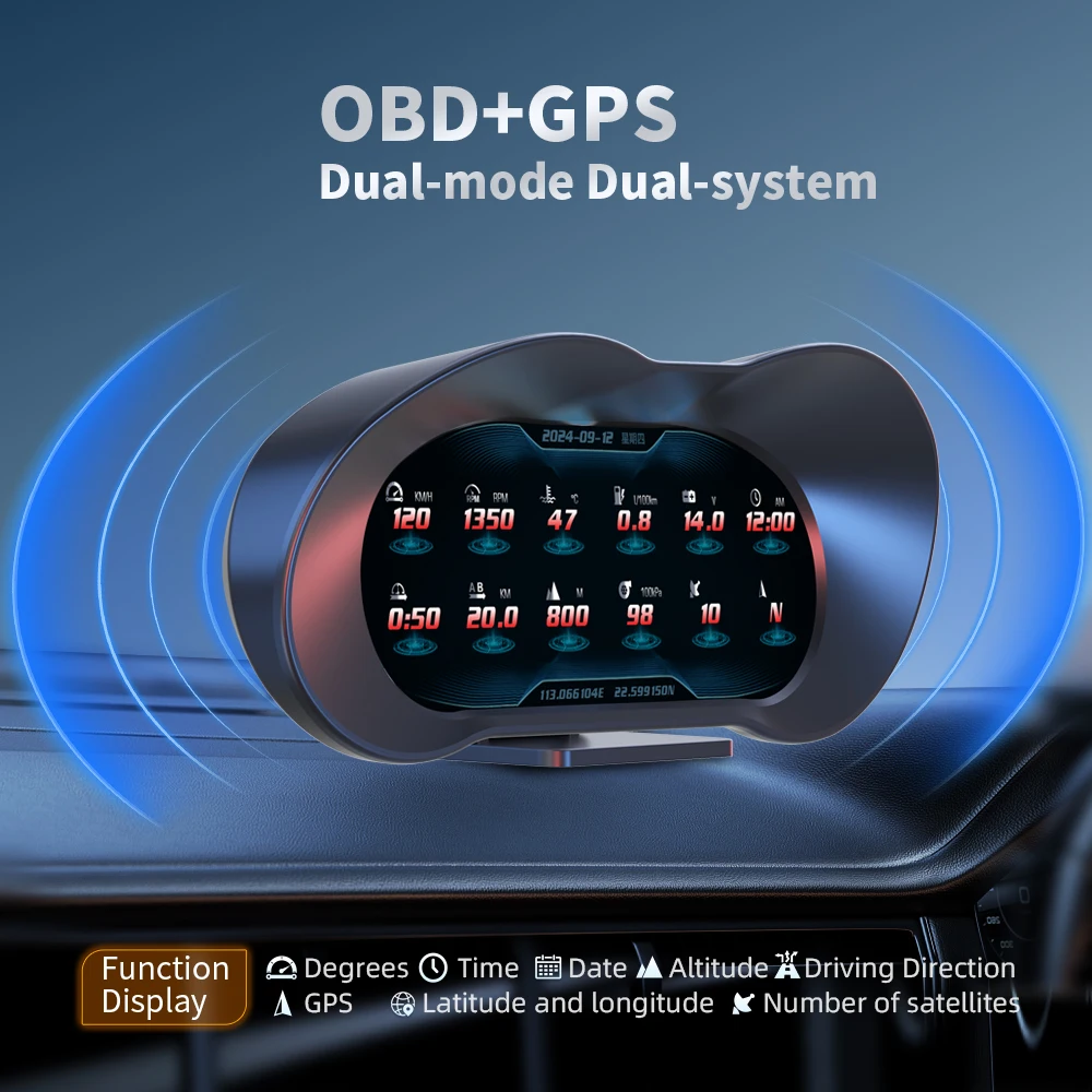 AD OBD+GPS 자동차 헤드업 디스플레이 터빈 게이지 경사계 대형 화면 L..