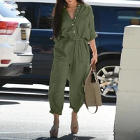 Summer 2023 Trendy Women's Casual Print Belted Workwear Jumpsuit High Waist Straight Leg Cotton Blend Multi-ket Overalls - Image 2