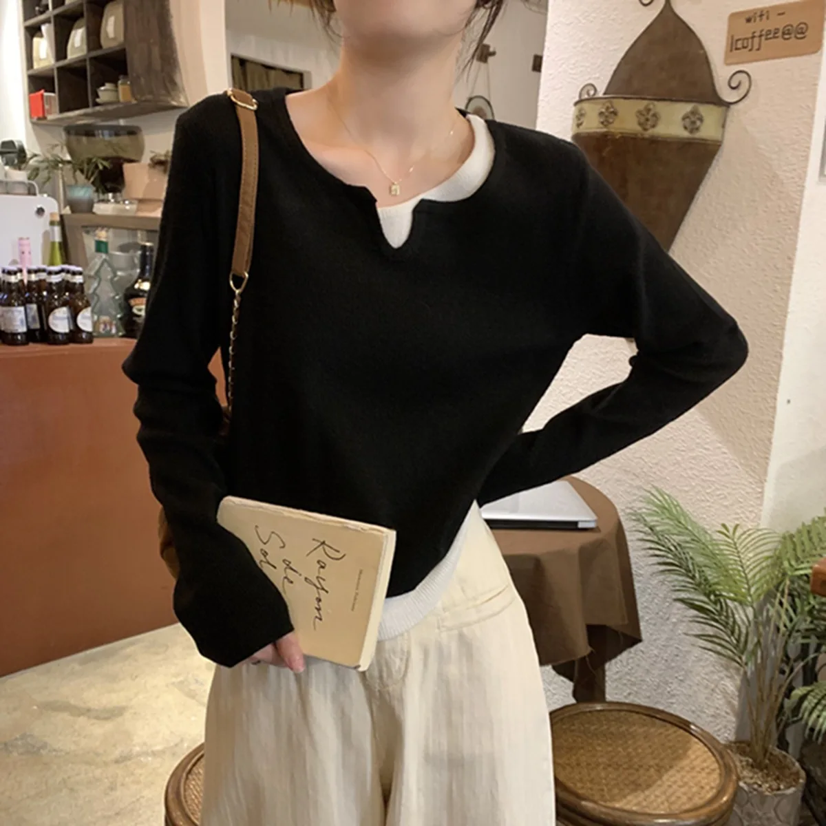 Women Deep V Neck Knitted Sweater Tops Long Sleeve Pullover