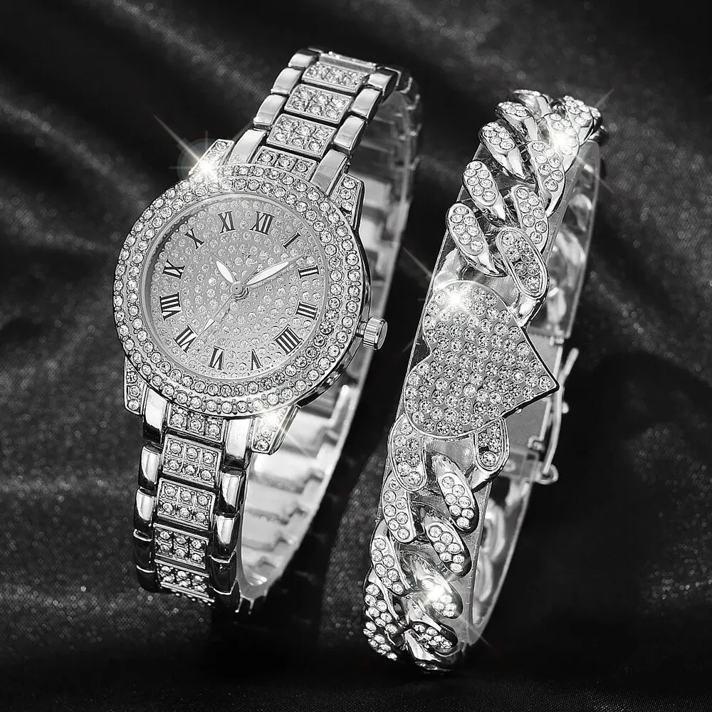1 Female Silver Alloy With Charming Four Shot Rhinestone Embellishment Circular Dial Quartz Watch And 1 Love Decoration 1