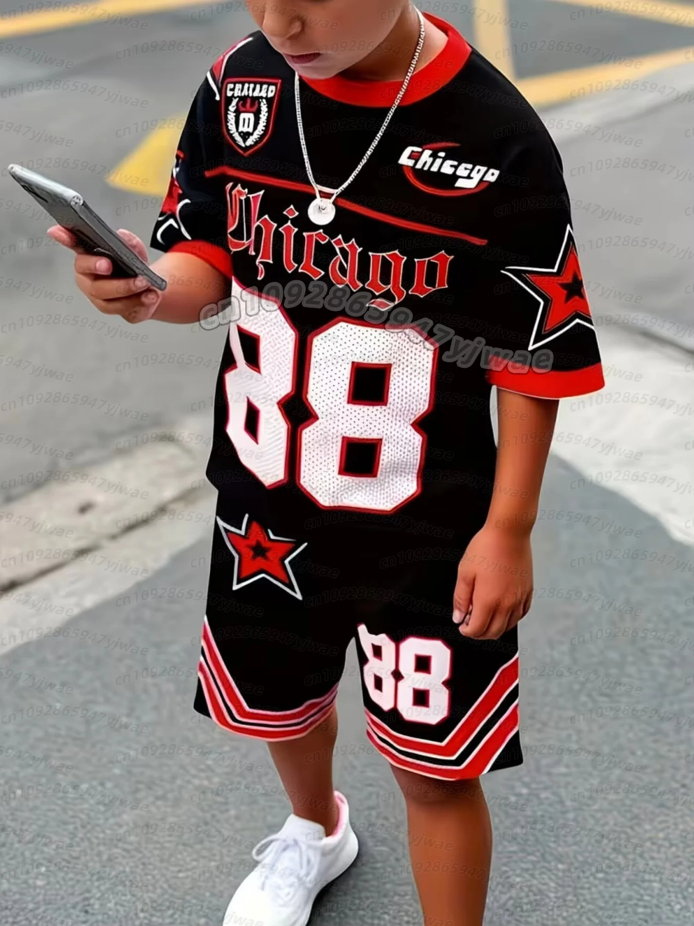 CHICAGO NO.88 PRINT Jersey Boy Kurzarm-Set mit locker sitzenden Shorts und T-Shirt, sportlicher, schnell trocknender Outdoor-Trainingsanzug, 2-teiliges Jungen-Set